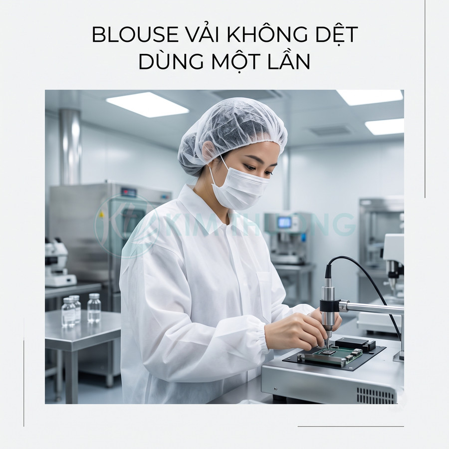 Nhân viên phòng sạch mặc blouse vải không dệt dùng một lần, khẩu trang và mũ trùm đầu khi làm việc